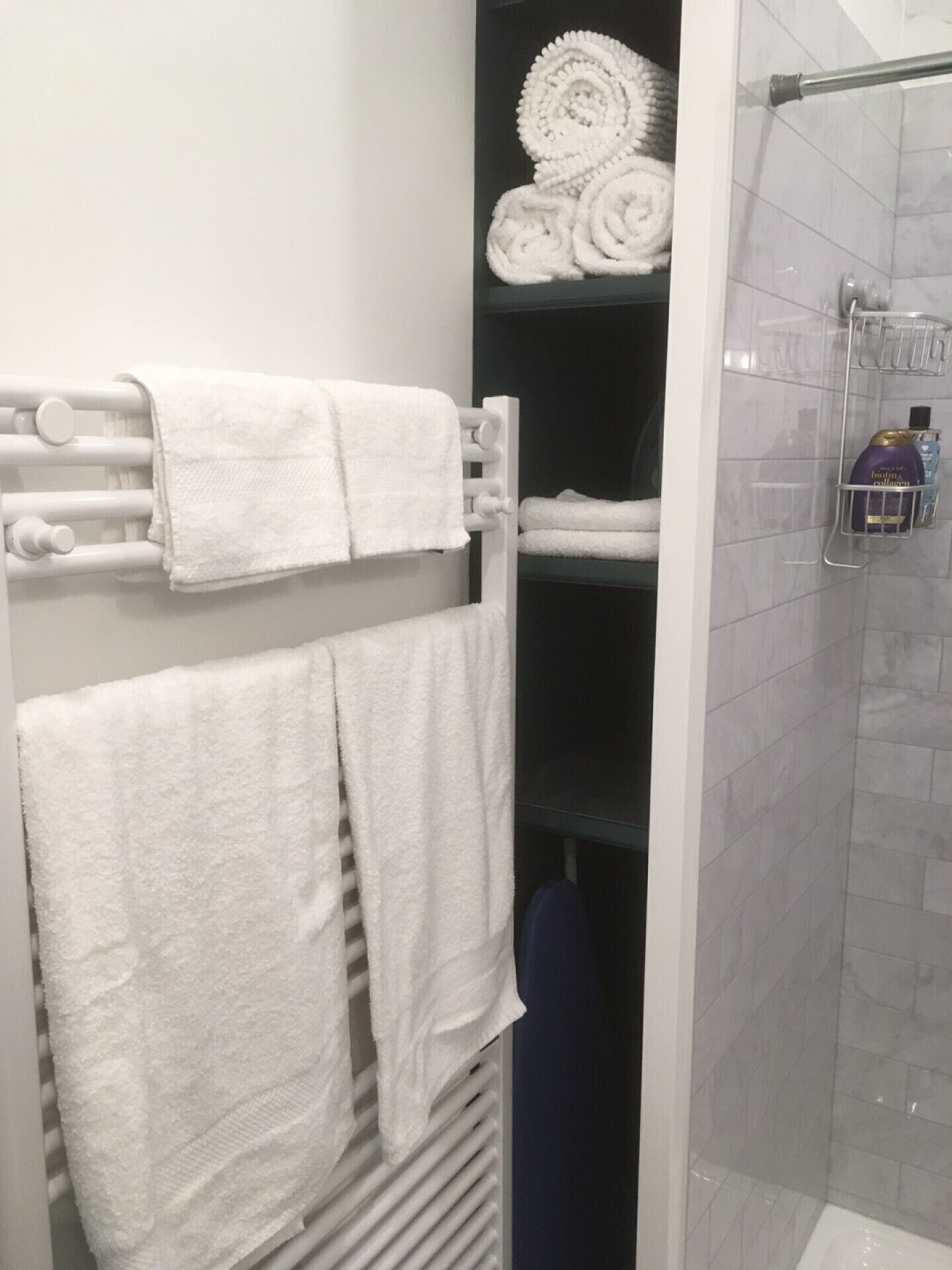 A bathroom with a towel rack holding two towels, a shower area with a glass door, and a shelf with toiletries.