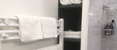 A bathroom with a towel rack holding two towels, a shower area with a glass door, and a shelf with toiletries.