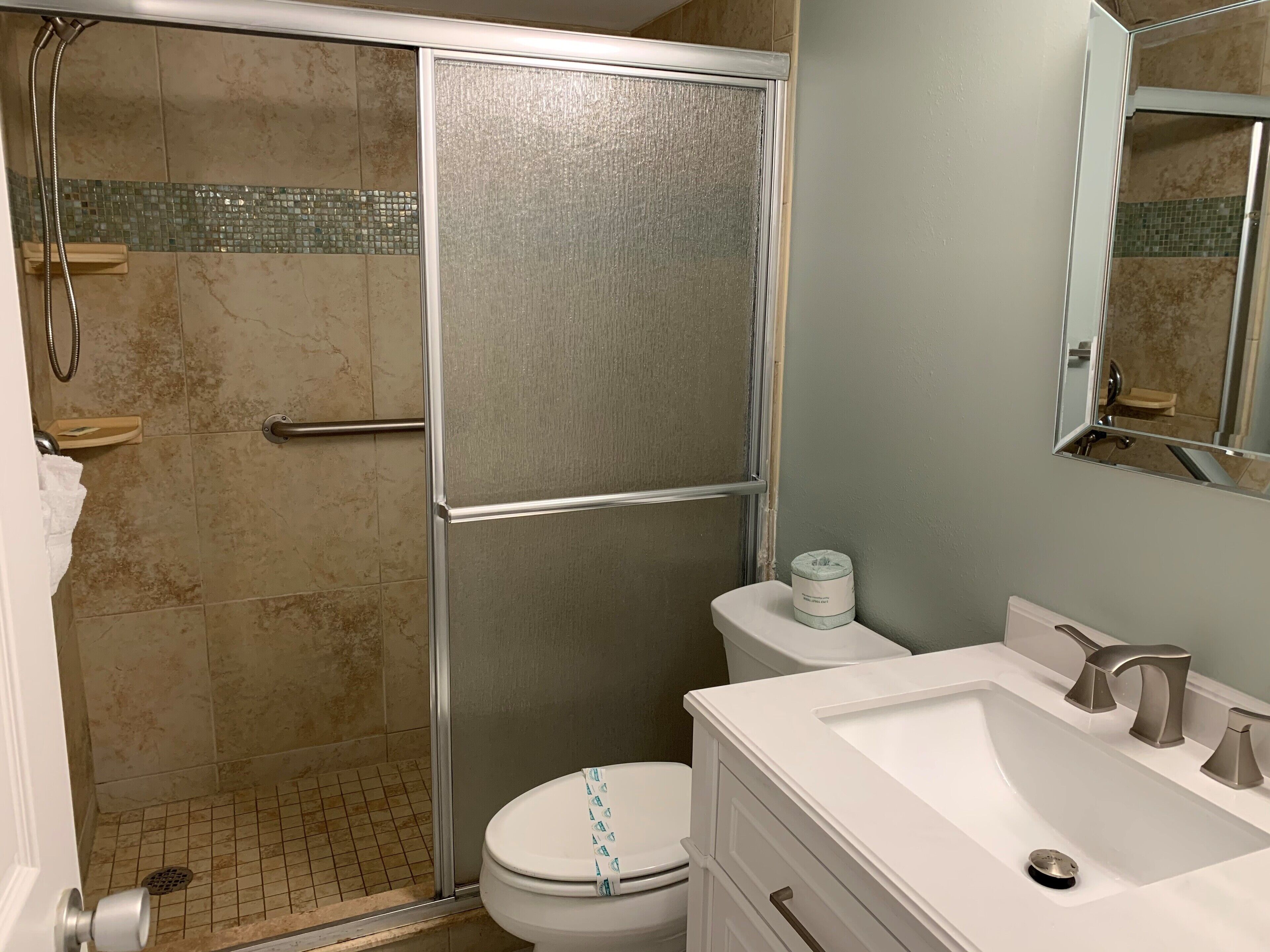 A bathroom with a glass-enclosed shower, a toilet, and a sink with a mirror above it.