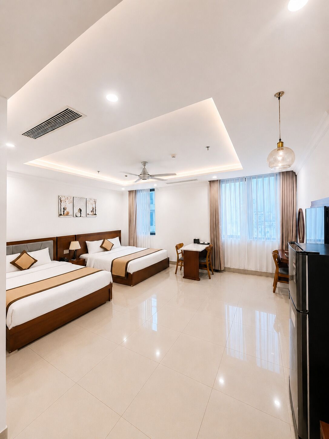 Minibar, desk, laptop workspace, blackout curtains