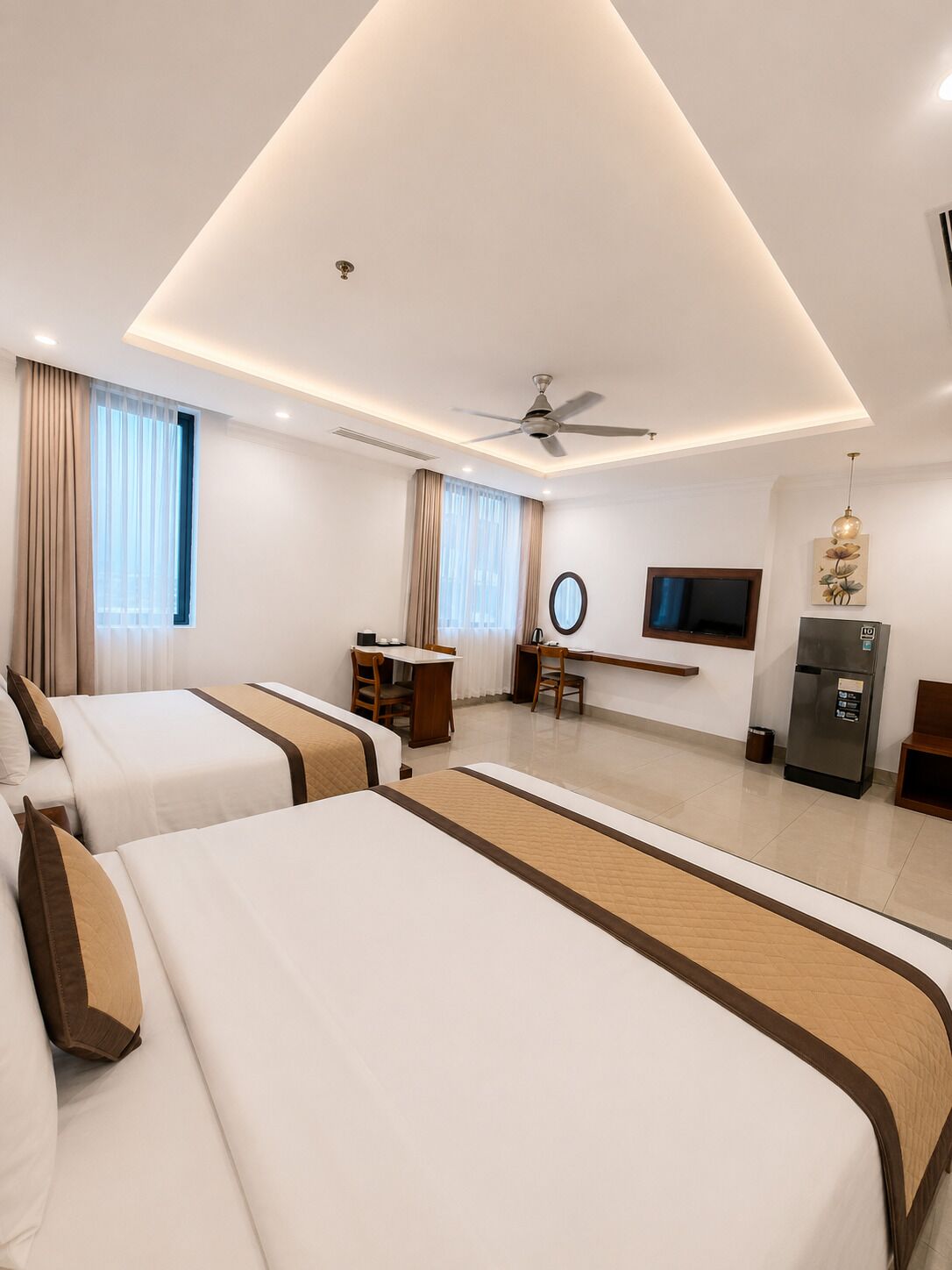 Minibar, desk, laptop workspace, blackout curtains