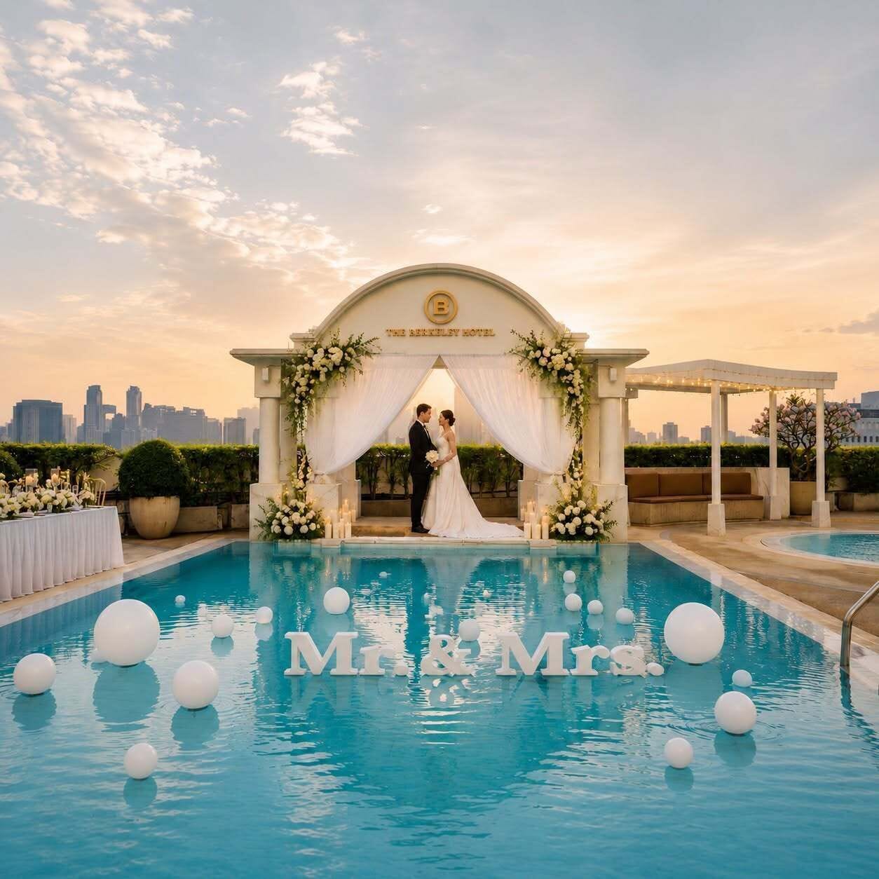 A wedding ceremony with a couple under an arch by a pool with floating spheres.