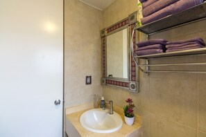 Secador de cabelo, toalhas de banho, shampoo