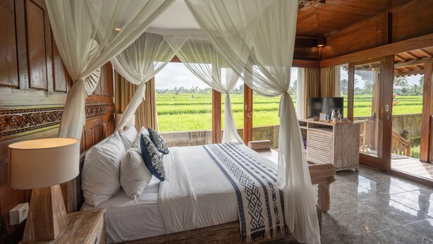 A bedroom with a canopy bed, a TV, and a view of green fields. - Uma Sebatu Villas Ubud (Sebatu)