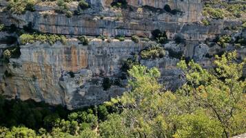 A natural rock formation with vegetation.