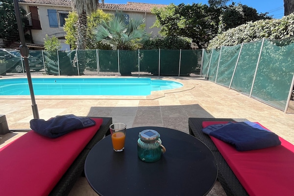 Seasonal outdoor pool, open 9:30 AM to 9:30 PM, sun loungers
