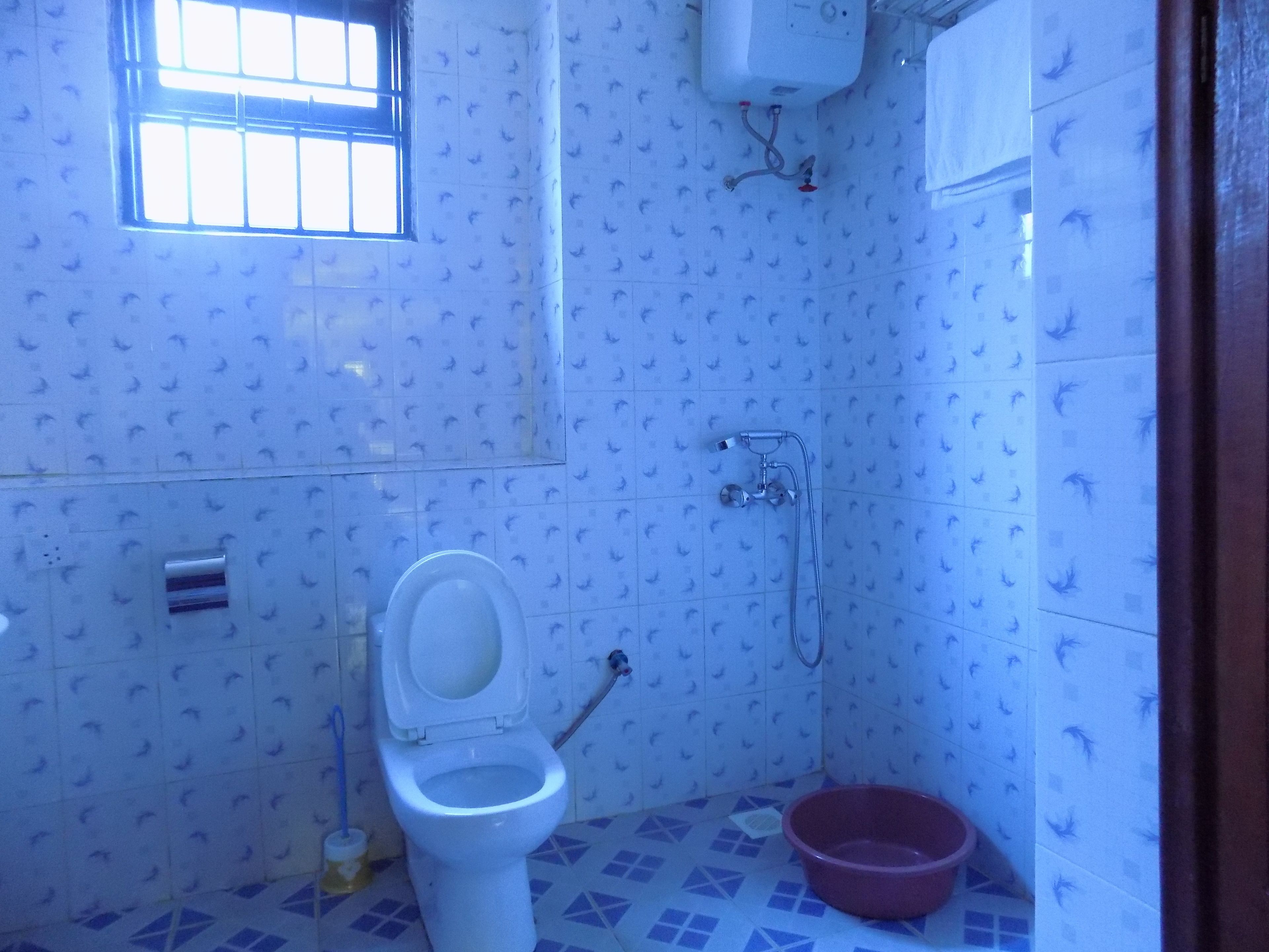 Un baño con inodoro, ducha y ventana.