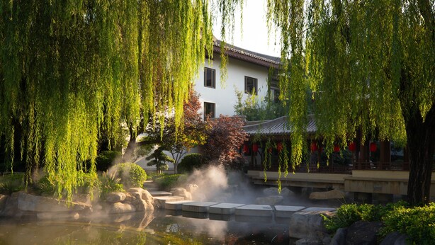 A traditional building with a tiled roof, a pond with rocks, and willow trees. - HUALUXE Hotels and Resorts Xi'an Tanghua, an IHG hotel (Xi'an)