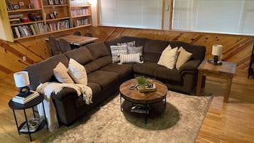 Smart TV, fireplace, video games, DVD player
