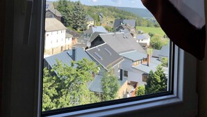 Ventana con vista a un área residencial, con casas y árboles.