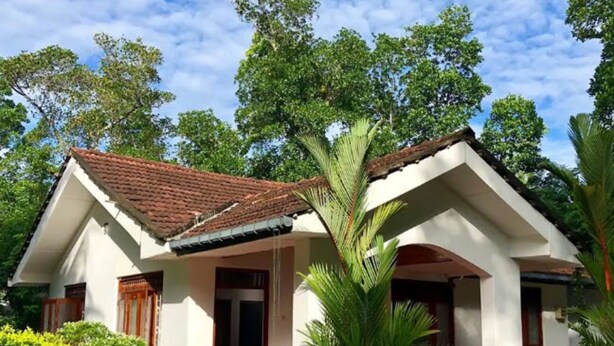 A two-story house with a red-tiled roof, white walls, and a porch with a palm tree. - cocos villa hikkaduwa (Hikkaduwa)