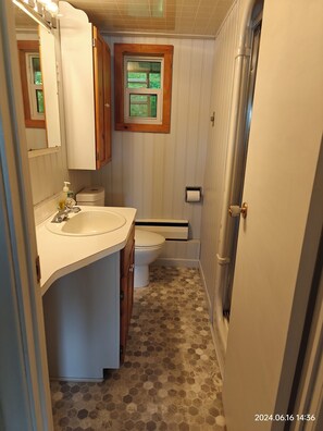 Douche, séchoir à cheveux, serviettes fournies, savon