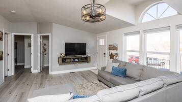 Televisión, chimenea, reproductor de DVD y tenis de mesa