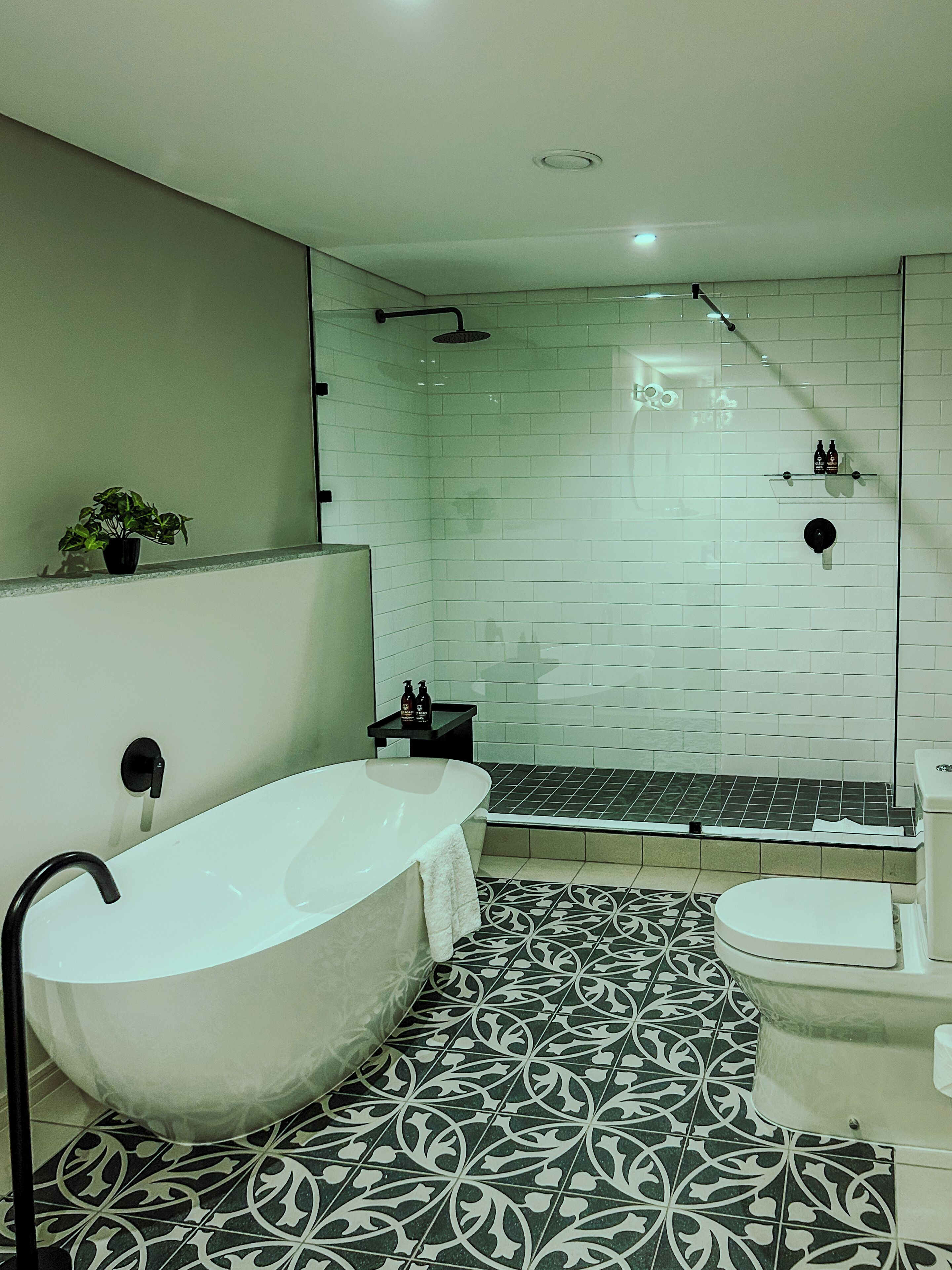 A modern bathroom with a freestanding bathtub, a shower, and a toilet.