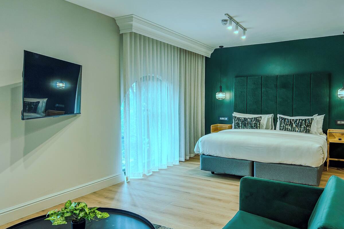 A modern hotel room with a large bed, a TV mounted on the wall, a small table with a plant, and a green armchair.