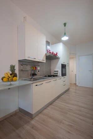 Großer Kühlschrank, Mikrowelle, Herdplatte, Espressomaschine