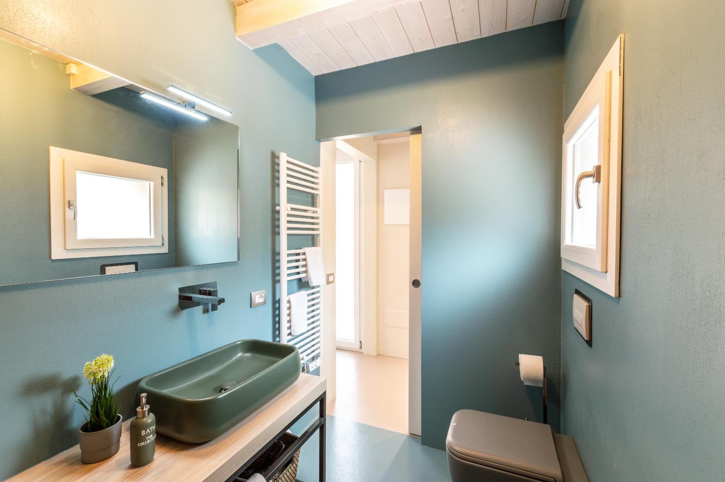 Un baño con un lavamanos verde, una planta en maceta y un inodoro.