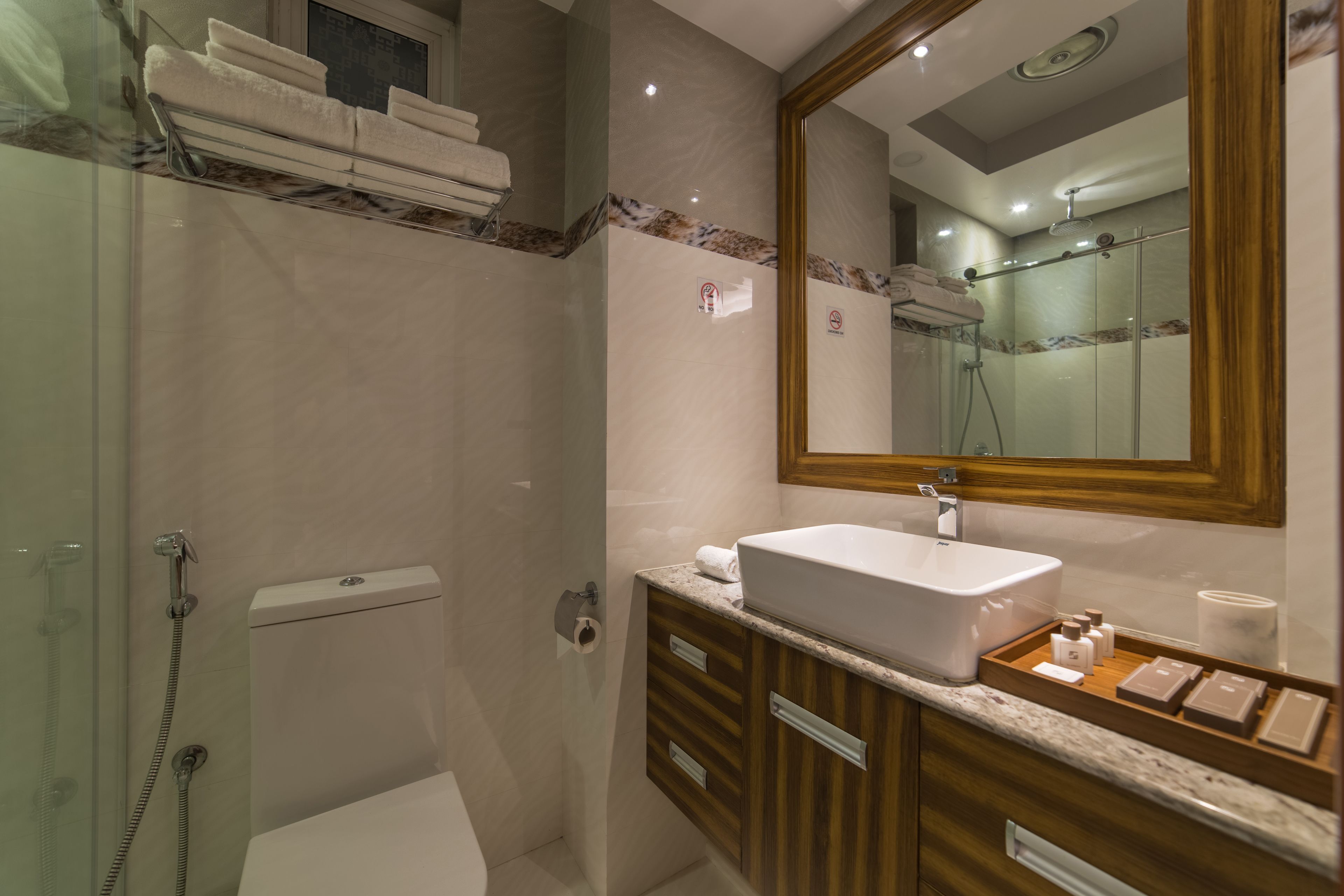 deluxe double room with free return airport transfer | bathroom | shower, free toiletries, slippers, bidet