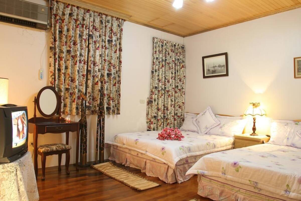 A bedroom with two beds, a television, a mirror, and a lamp.