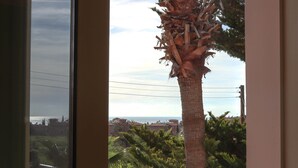 Blick auf eine Palme und ein Gebäude durch ein Fenster.