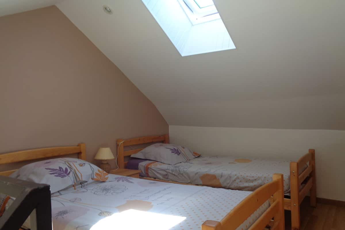 Quarto pequeno e acolhedor com duas camas de madeira, um claraboia e uma mesa de cabeceira com abajur.