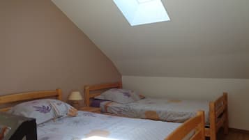 A small, cozy room with two wooden beds, a skylight, and a single bedside table with a lamp.