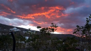 Een zonsondergang met een dramatische lucht, een woongebied met huizen, en wat begroeiing op de voorgrond.