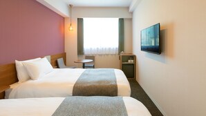 A hotel room with two beds, a television, a small table, and a window with curtains. - M’s Hotel Kyoto Station Taruya (Kyoto)
