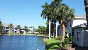 A waterfront property with a pool, palm trees, and a building with a white facade. - Vacation in paradise at Lely Resort (Naples)