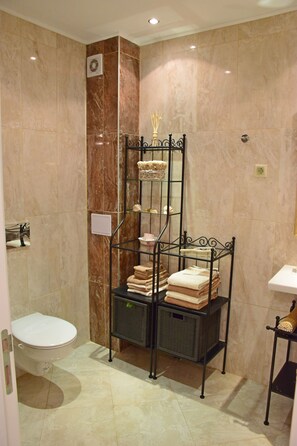 Hair dryer, towels, soap, toilet paper