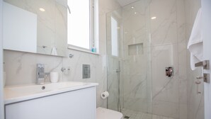 A modern bathroom with a glass-enclosed shower, a white sink, and a toilet.