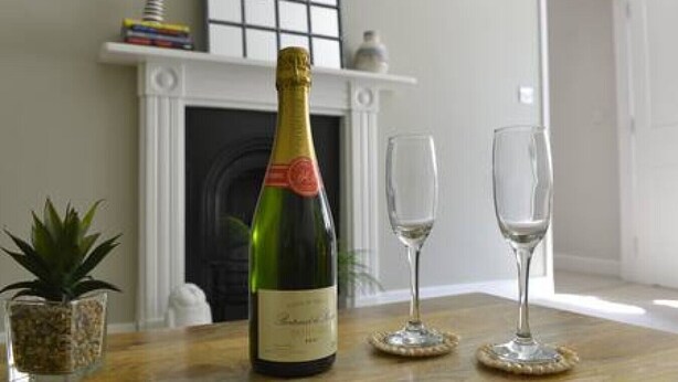 Eine Flasche Champagner auf einem Tisch mit zwei Gläsern, einer kleinen Pflanze und einem Kamin im Hintergrund.