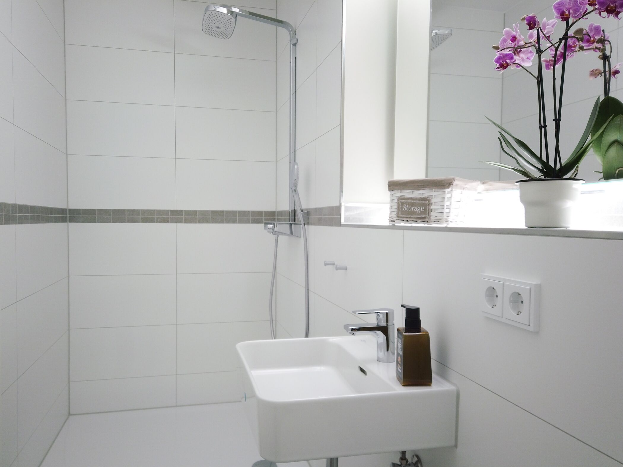 A modern bathroom with a shower, a sink, and a potted orchid.
