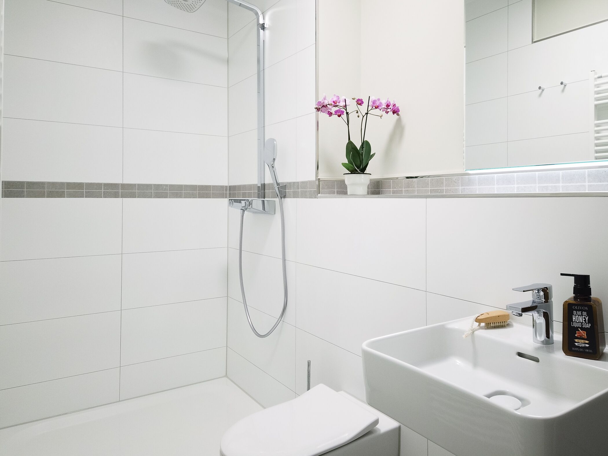 A modern bathroom with a shower, toilet, sink, and a potted orchid.