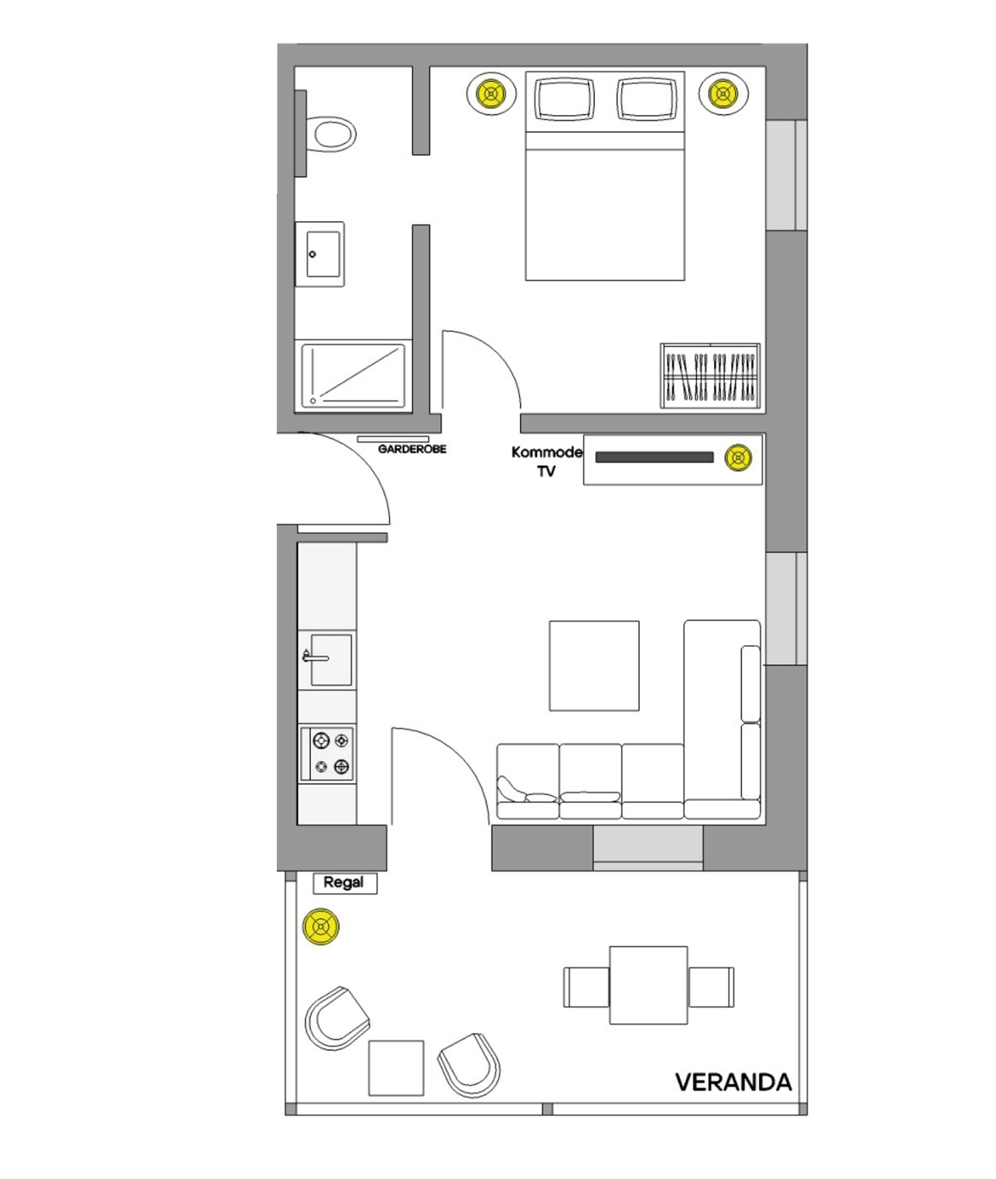 Een plattegrond van een hotelkamer met een kitchenette, een televisie, een tuin en een badkamer.