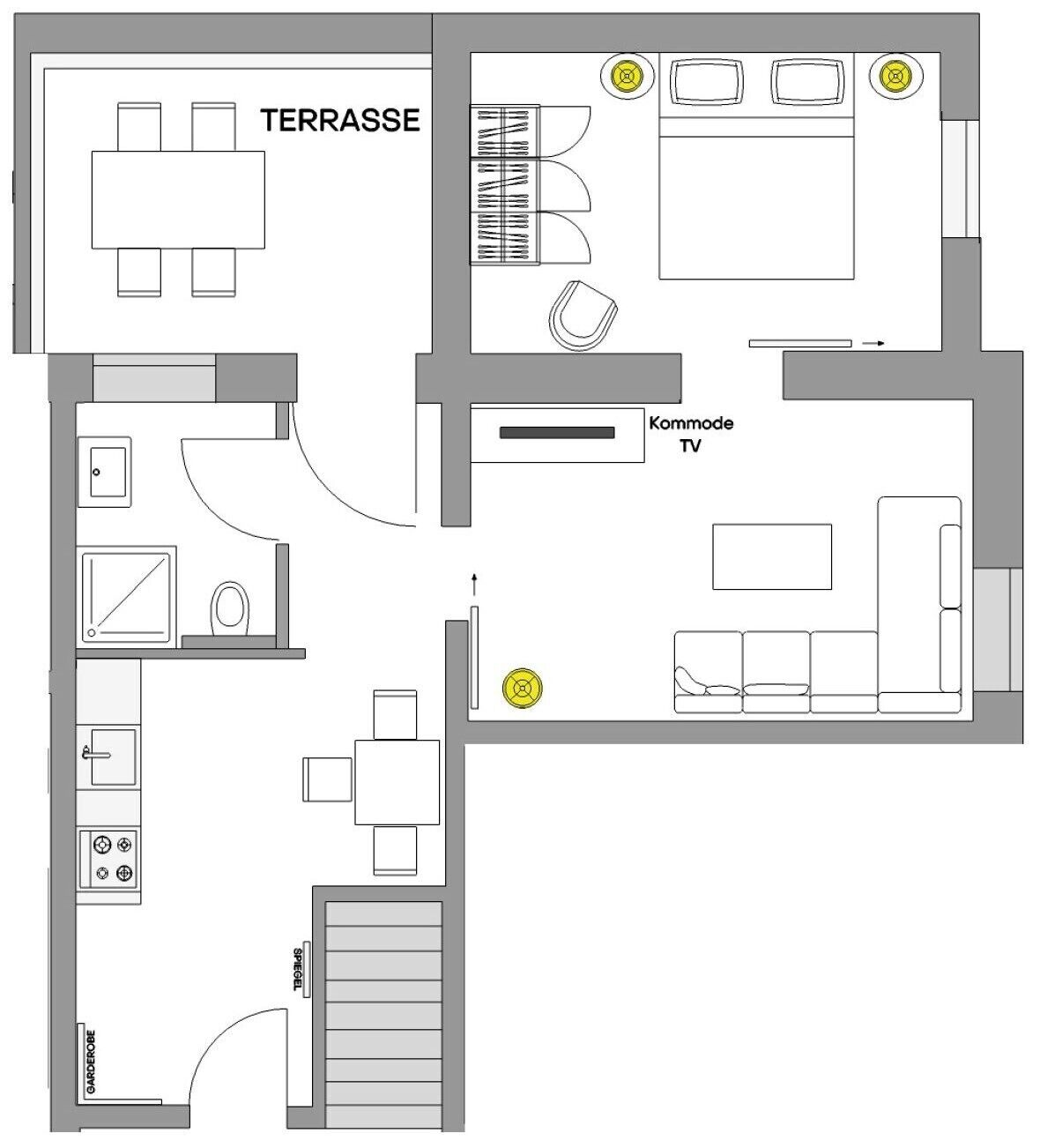 A floor plan of a hotel with a terrace, TV room, and a garden area.
