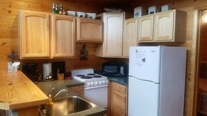 Eine Küchenzeile im Blockhausstil mit Herd, Mikrowelle, Kühlschrank und Holzschränken.