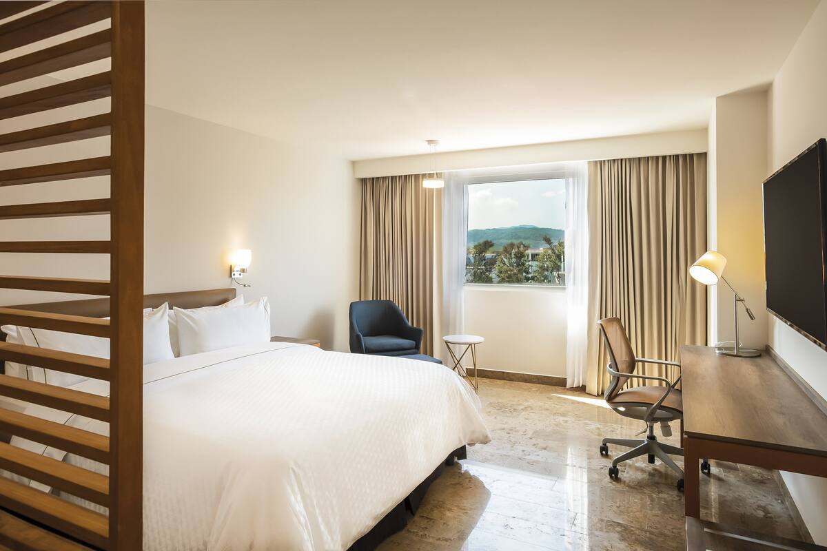 A hotel room with a large bed, a desk, a chair, a TV, and a window with a view of the city.