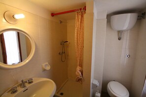 A bathroom with a sink, mirror, shower, and toilet.