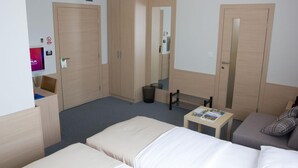 A hotel room with a bed, a small table, a sofa, a TV, and wooden wardrobes. - Hotel Lika Sjever (Brinje)