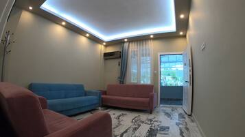 A living room with two sofas, a ceiling light, and a view of the outdoors.