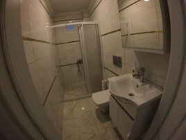 Un baño con ducha de vidrio, un lavamanos blanco y un inodoro.