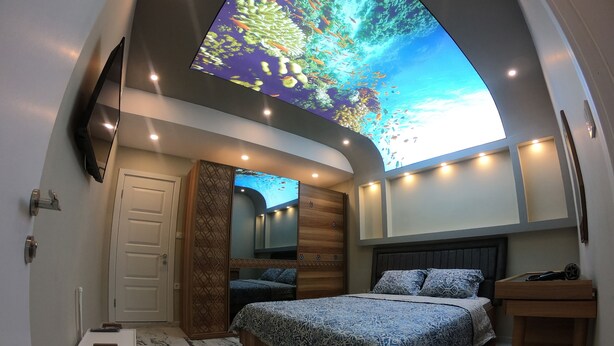 Un dormitorio con techo curvo, cama con ropa de cama estampada, escritorio y un televisor de pared grande que muestra una escena submarina.