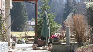 Un jardin agrémenté de plantes en pot, d’une pergola en bois et d’un pilier en pierre.