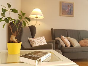 Flat-screen TV, books