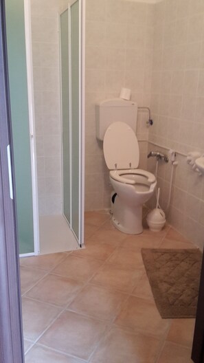 Habitación con 2 camas individuales, accesible para personas con discapacidad | Baño | Ducha, bidé y toallas