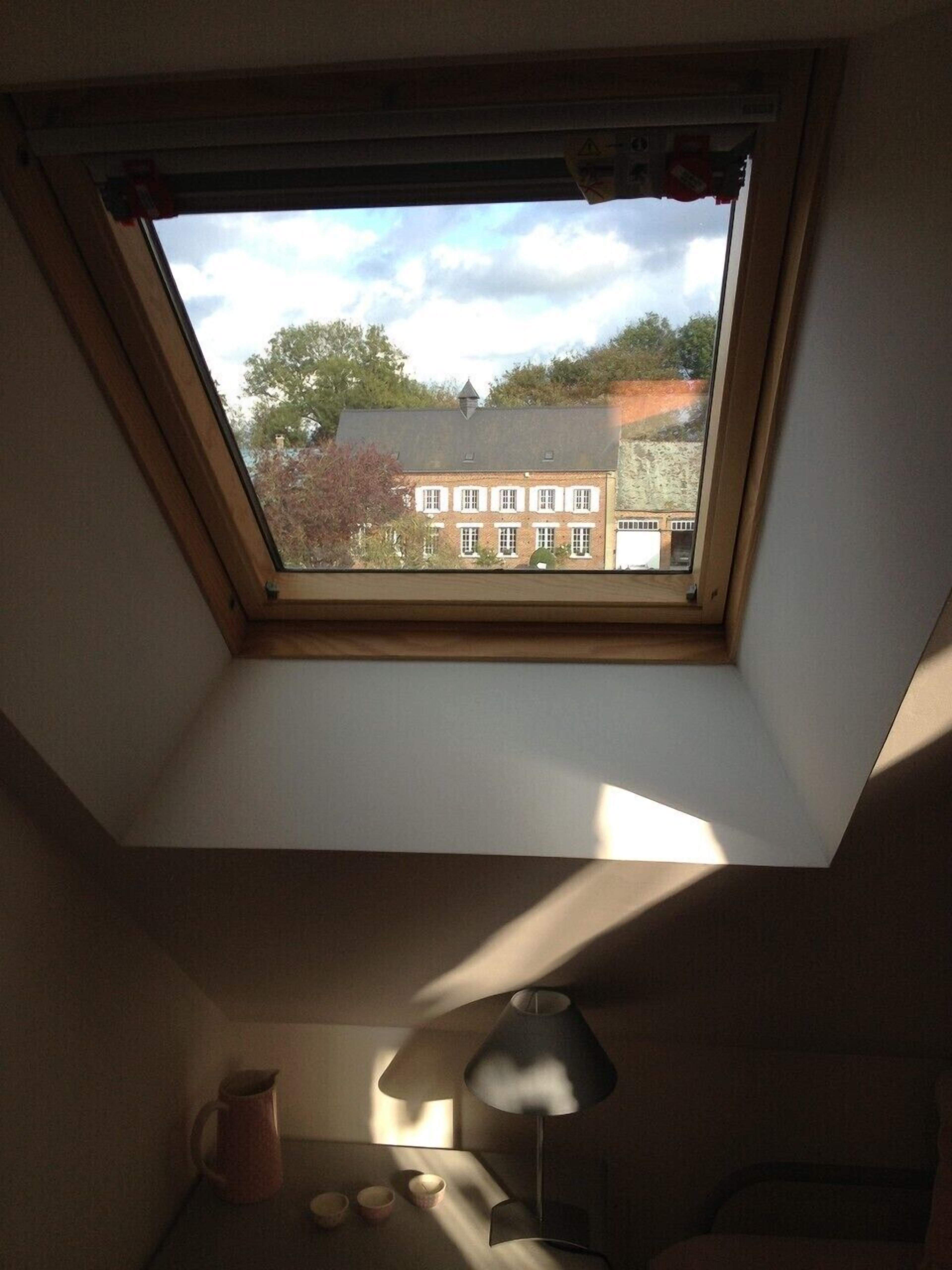 Un tragaluz en una habitación con vistas a un edificio y árboles.