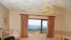 A room with a large window, curtains, a hanging lamp, and a view of greenery outside. - Scottshotel (Pontypridd)