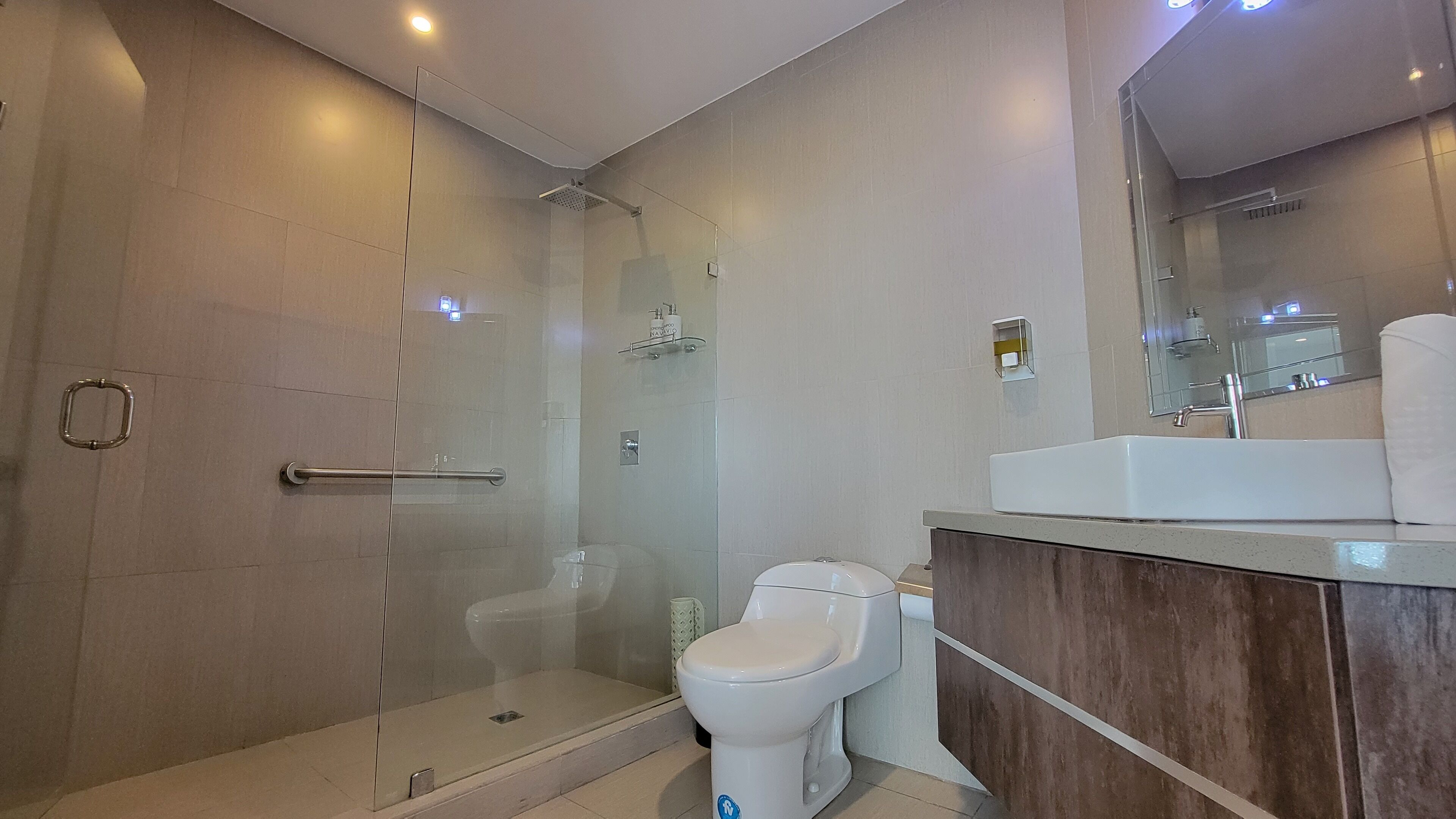 A modern bathroom with a glass-enclosed shower, a white toilet, and a wooden vanity with a mirror.