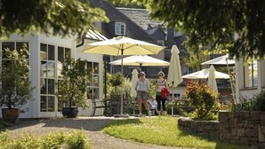 A patio area with outdoor seating, potted plants, and umbrellas. - Hotel Molitors Mühle (Eisenschmitt)